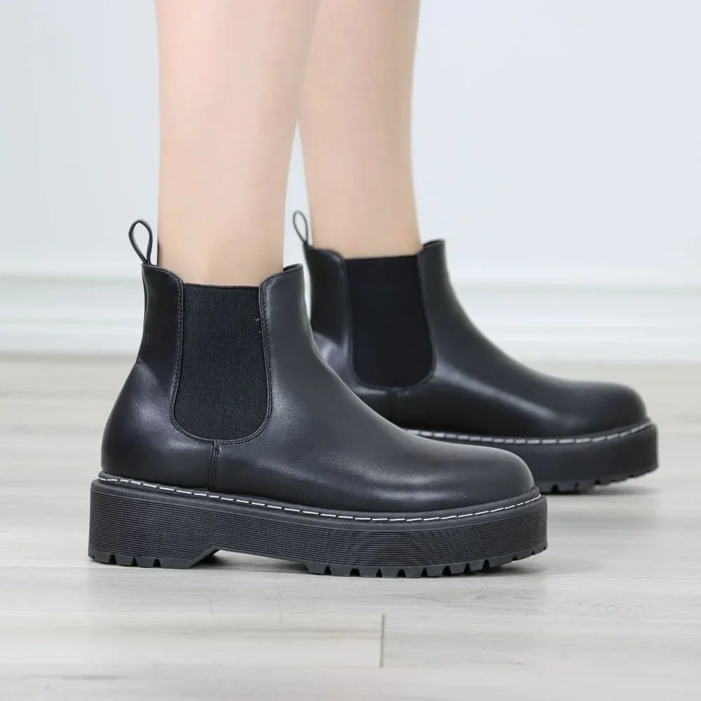 Womens Combat Boots Slip On Platform Chelsea Bootie Chunky Lugged Sole - Picture 10 of 13